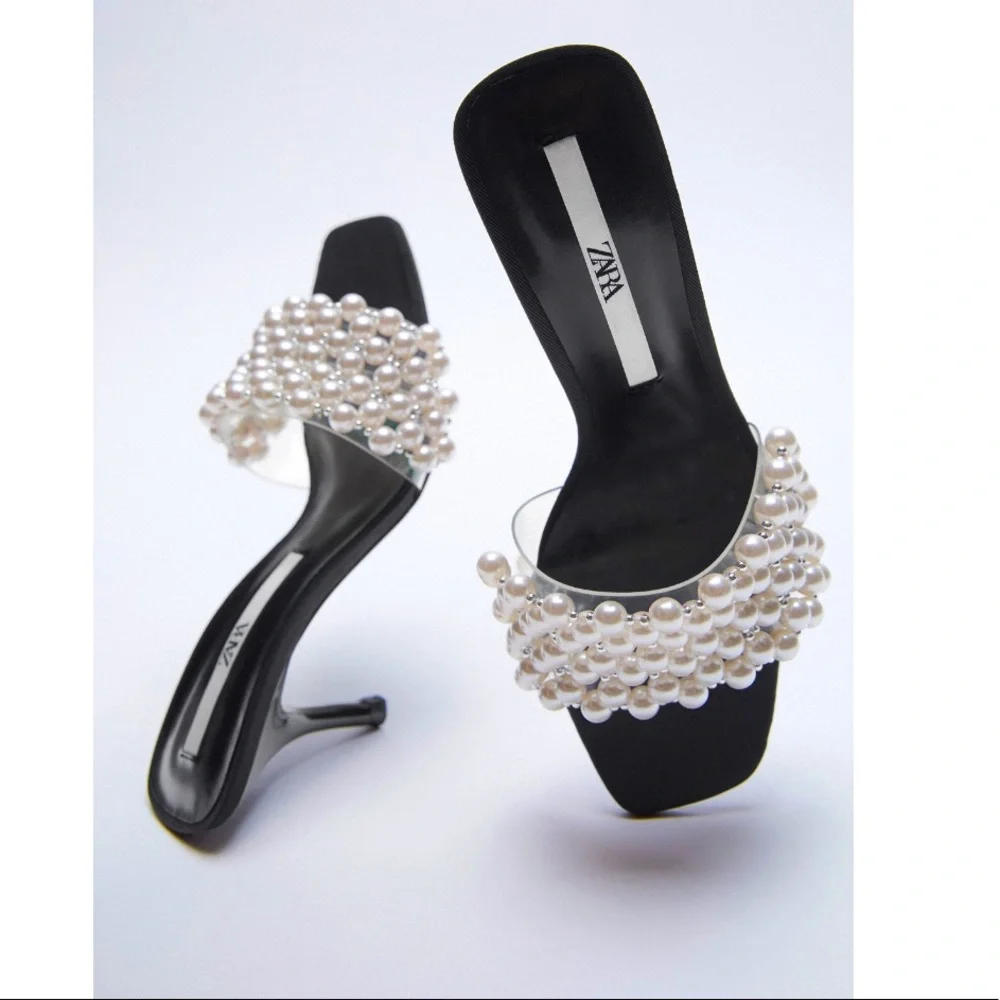 Zara Pearl Detail Square Toe Heel Sandals Size 9/40 - Picture 1 of 7